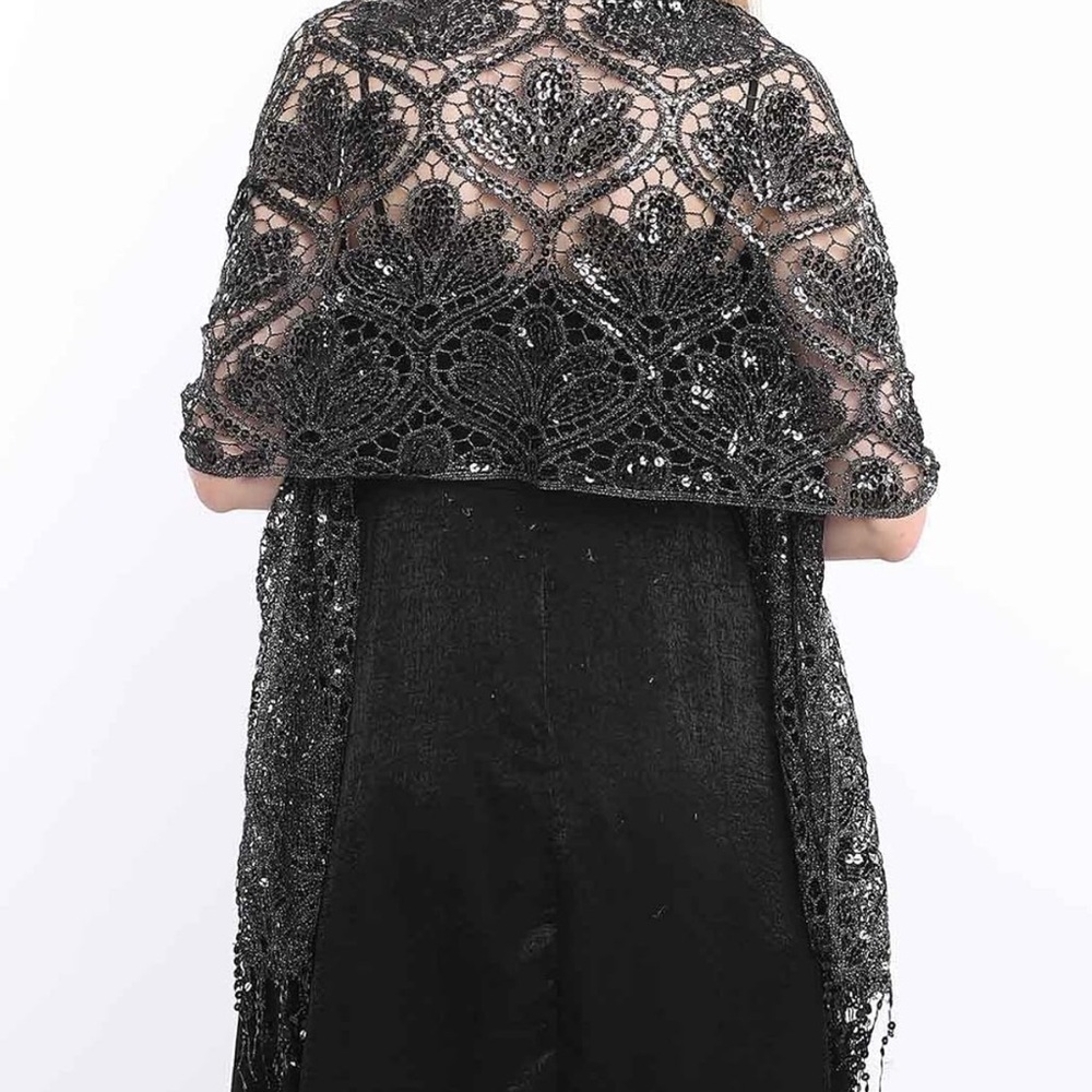 Black Lace Knit Shawl Scarf with Beaded Fringe - Picture 6 of 14